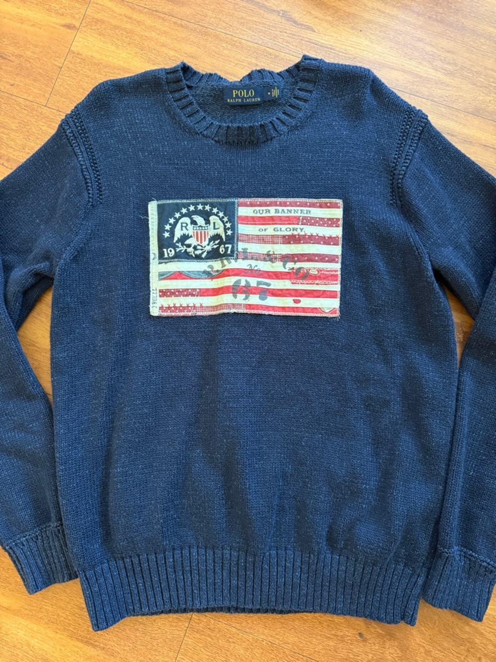 Vintage Polo by Ralph Lauren Navy Crewneck Sweater with Flag Patch Detail